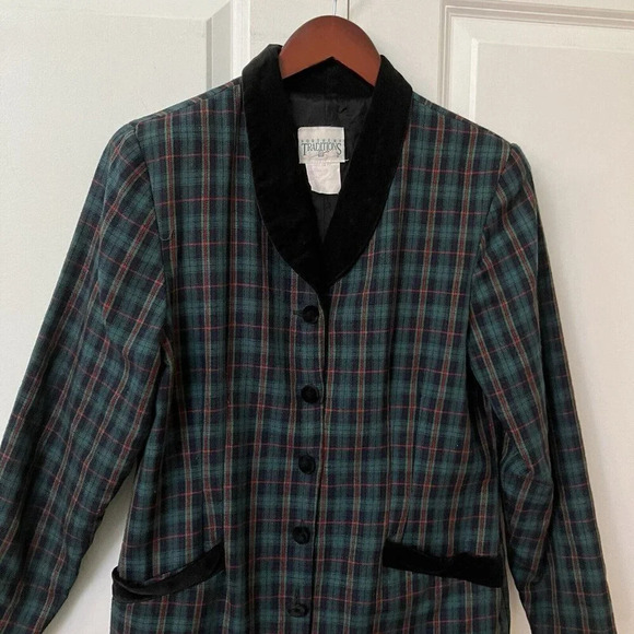 Vintage Northern Traditions Green Plaid Velvet Trim Long Line Button Front Dress - Picture 2 of 5